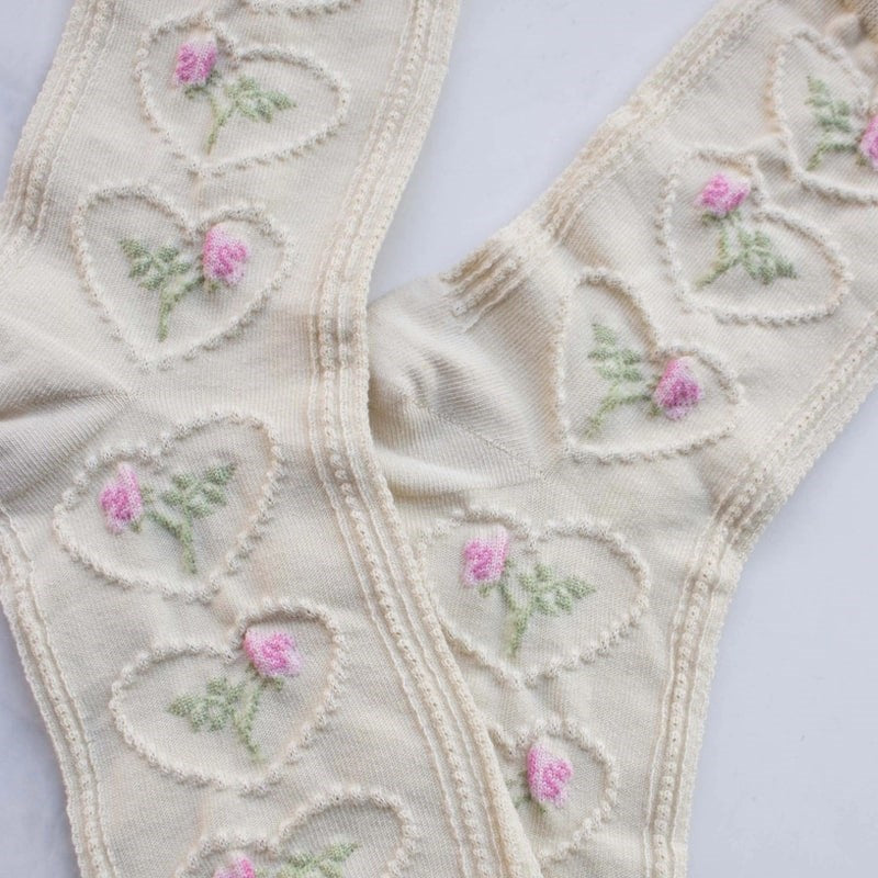 Women’s Vintage Rose & Heart Socks - Cream