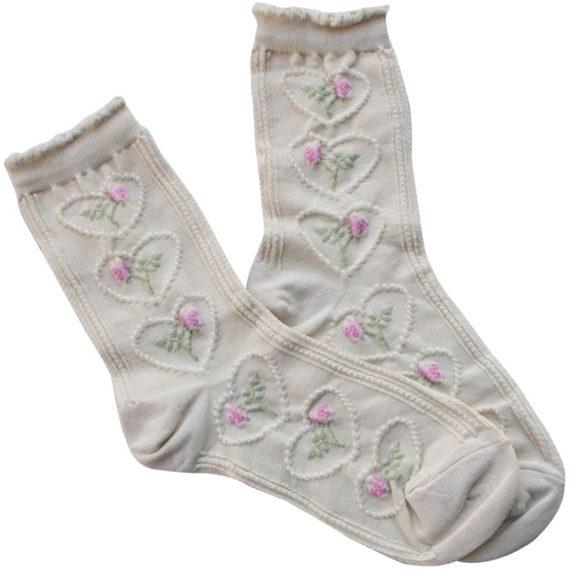 Women’s Vintage Rose & Heart Socks - Cream